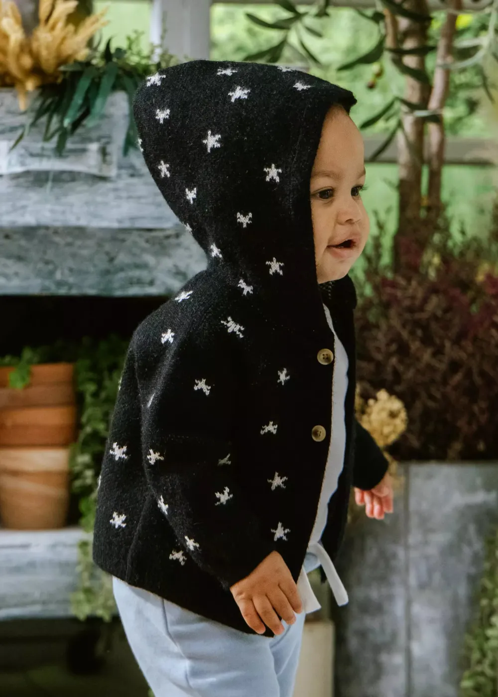 Coco Village Hooded Jacquard Cardigan Anthracite Stars 0-3m